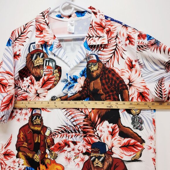 Bigfoot Mens Hawaiian Shirt Size L Patriotic Print With Beer & Fire Design - Picture 8 of 8